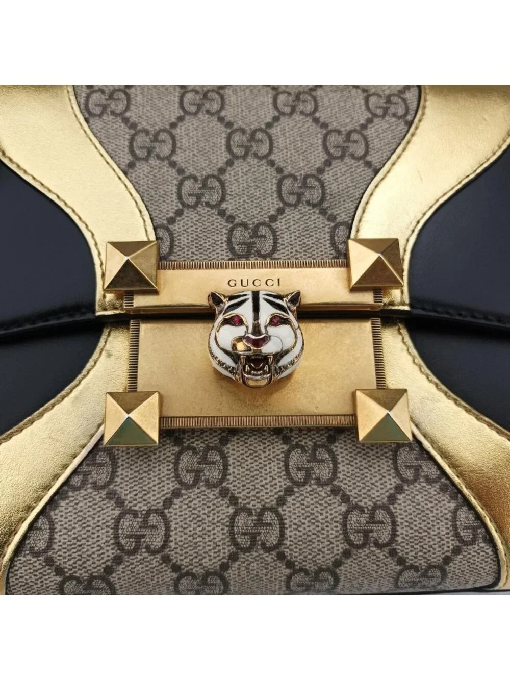 Gucci Ojiride Beige Gold Black Canvas Leather Shoulder